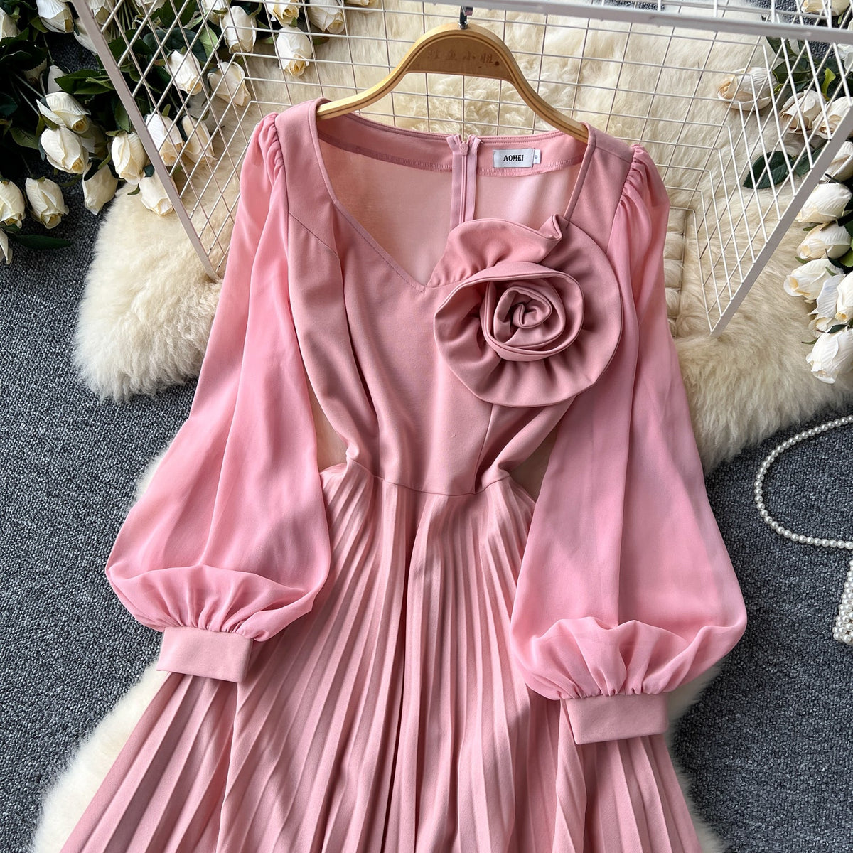 3D Flower Pleated Pink Dress