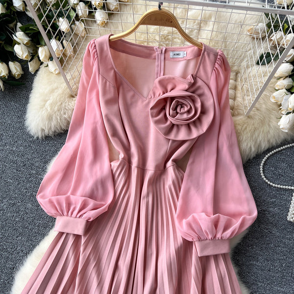 3D Flower Pleated Pink Dress