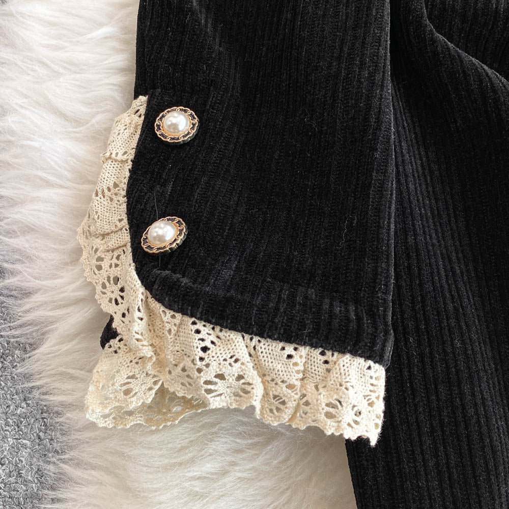 V-neck Lace Trim Black Curduroy Dress