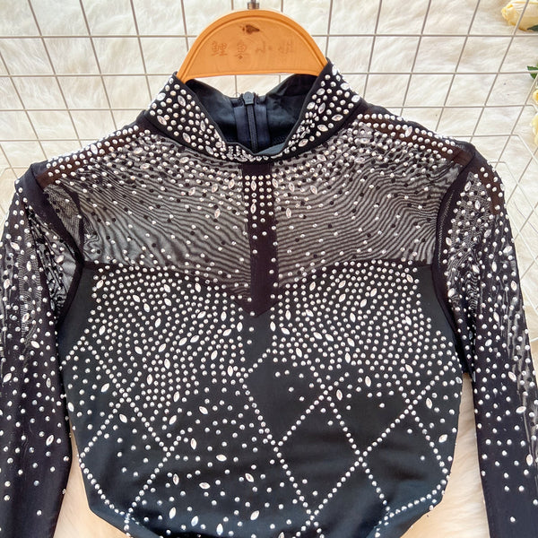 Rhinestone Studded Turtleneck Black Dress
