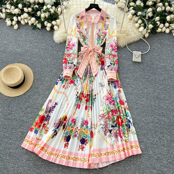 Lace Patchwork Floral Pleated Dress