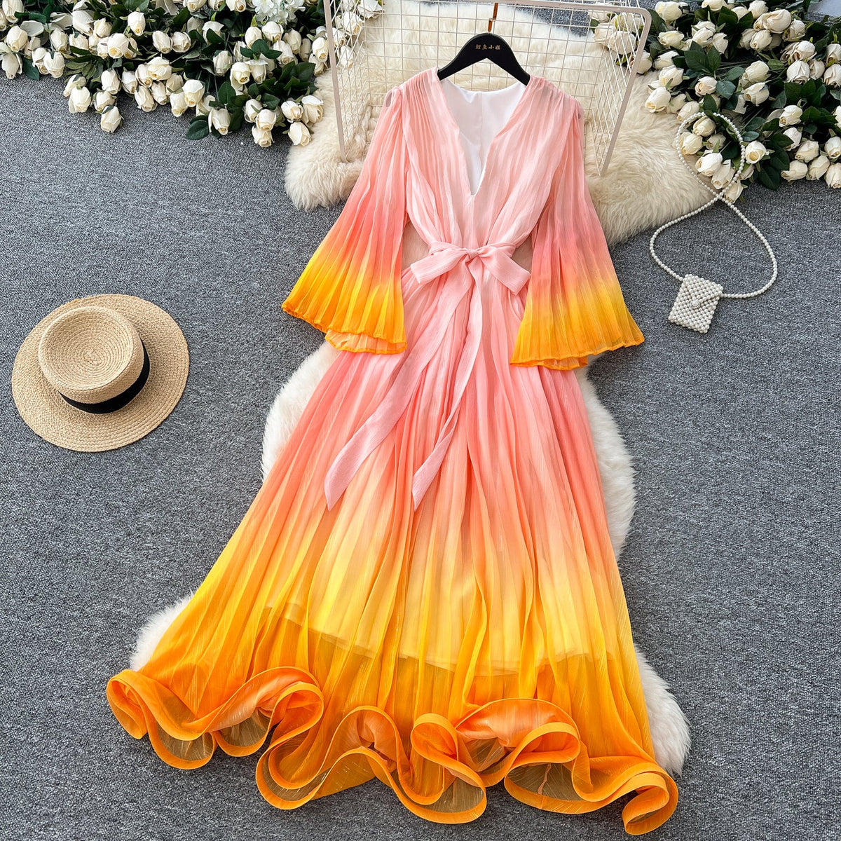 Gradient Color V-neck Fairy Dress