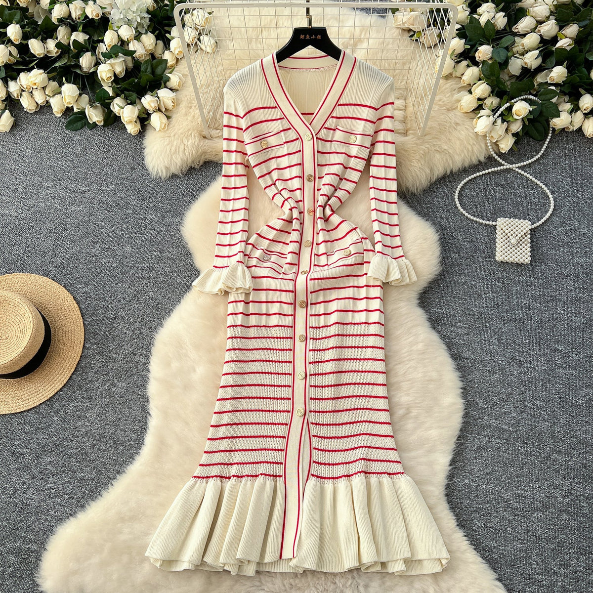 Vintage Striped Elastic Knit Dress
