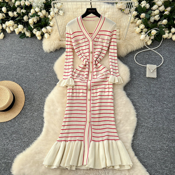 Vintage Striped Elastic Knit Dress