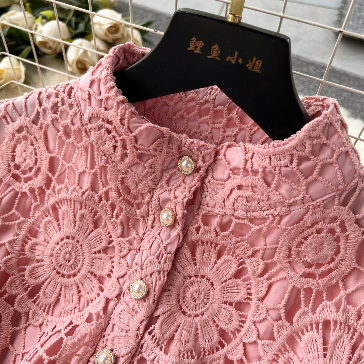 Courtly Stand Collar Hollowed Lace Dress