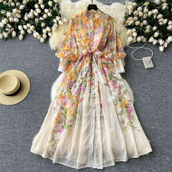 French Style Floral Chiffon Shirt Dress