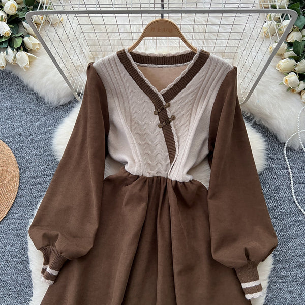 Vintage Knot Button Knit Patchwork Dress