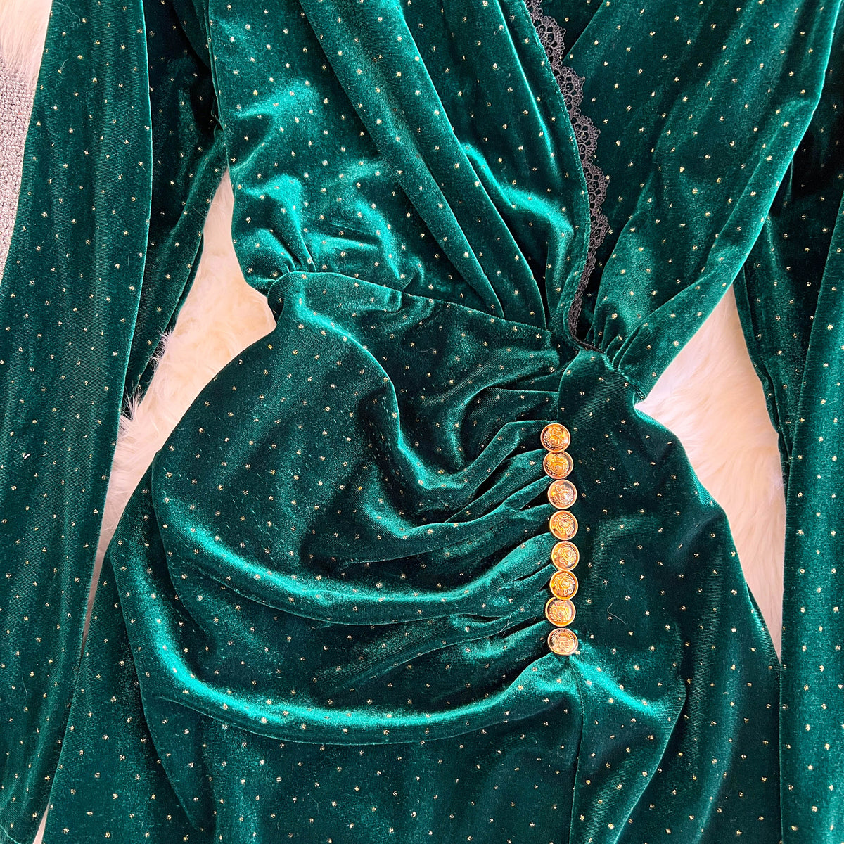 V-neck Beaded Fishtail Suede Dress