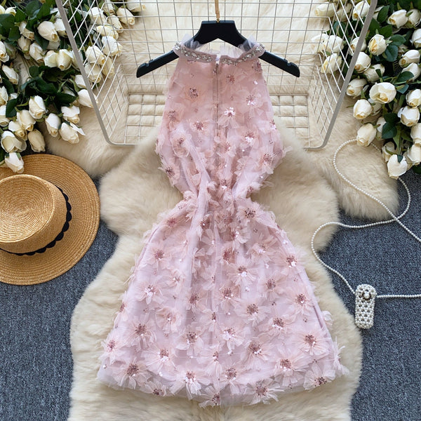 Rhinestone Studded Pink Floral Halter Dress