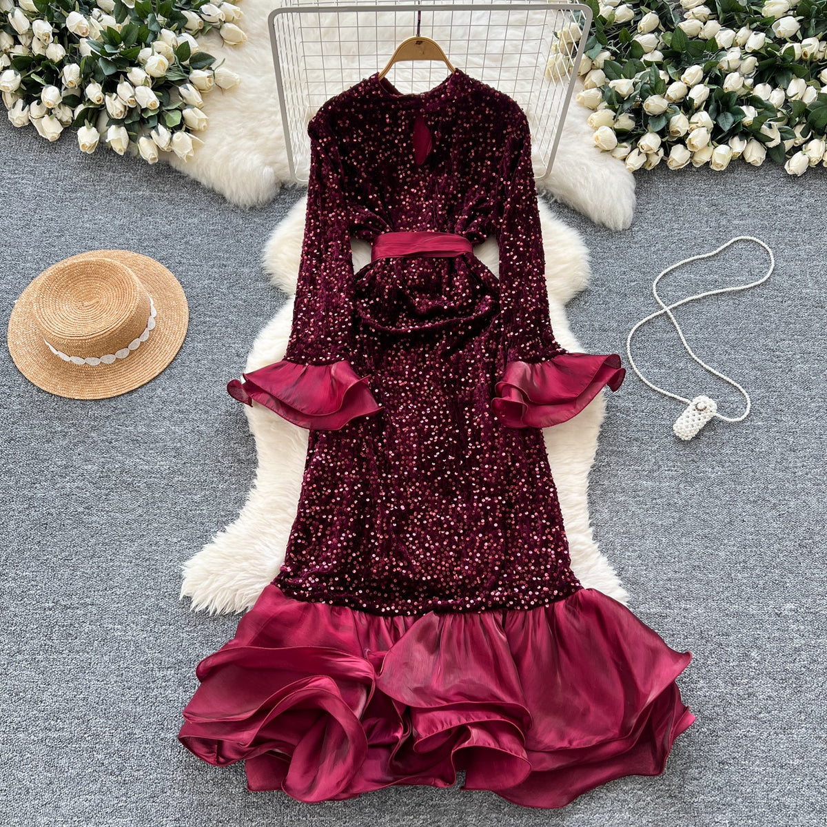 High-end Sequined Ruffled Hem Dress