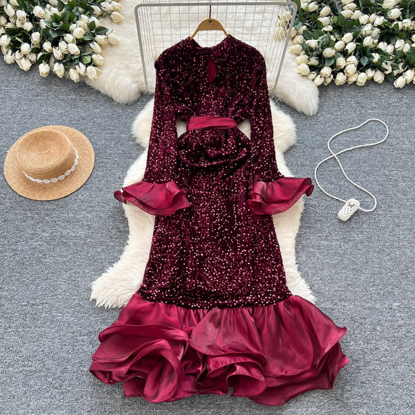 High-end Sequined Ruffled Hem Dress