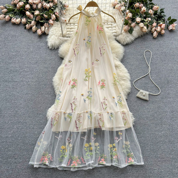 Fairy Floral Embroidered Halter Dress