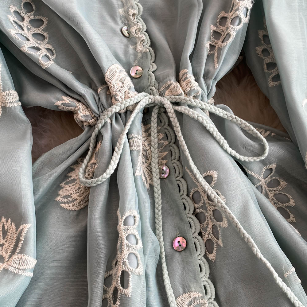 Elegant V-neck Hollowed Embroidery Dress