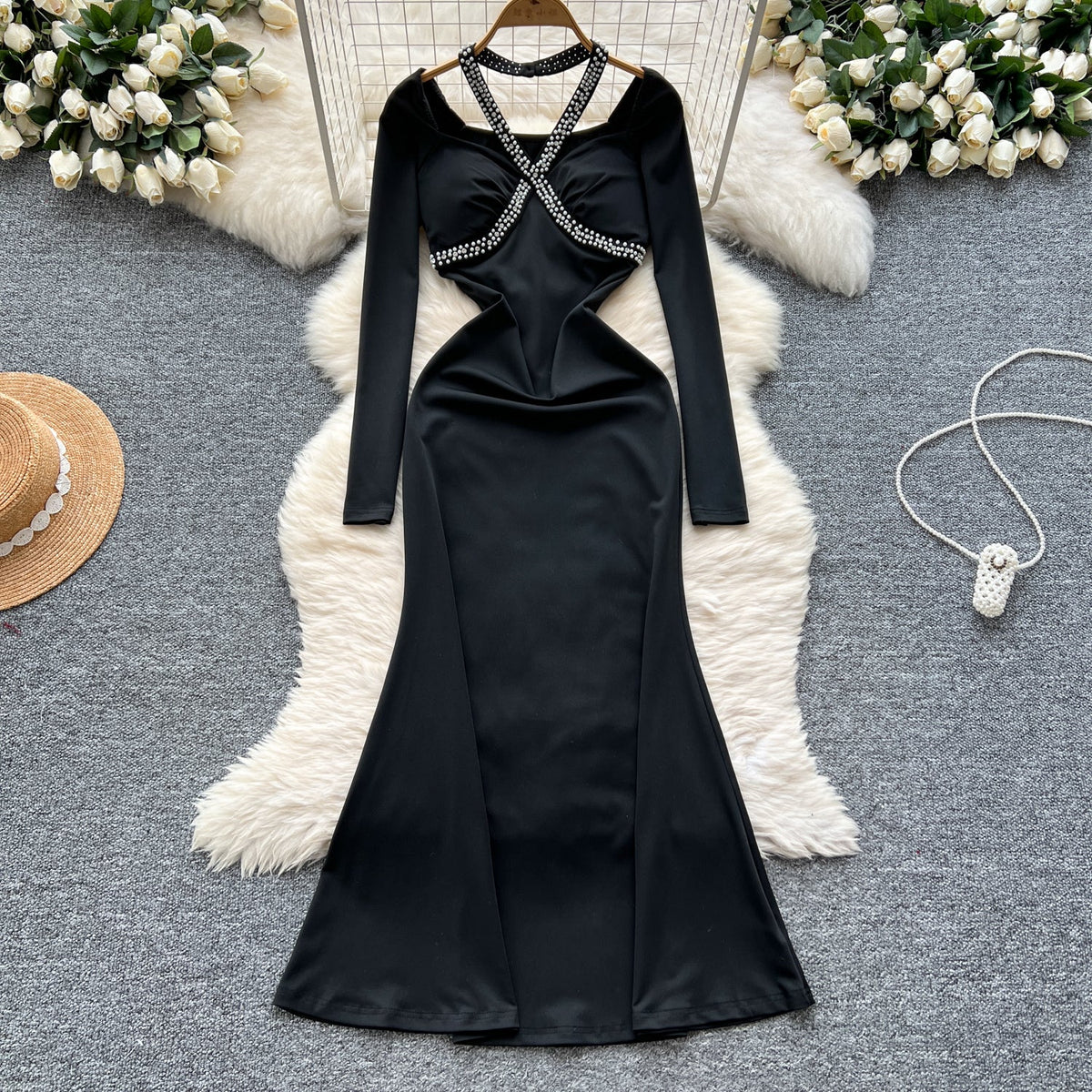 Beaded Cross Halter Party Dress