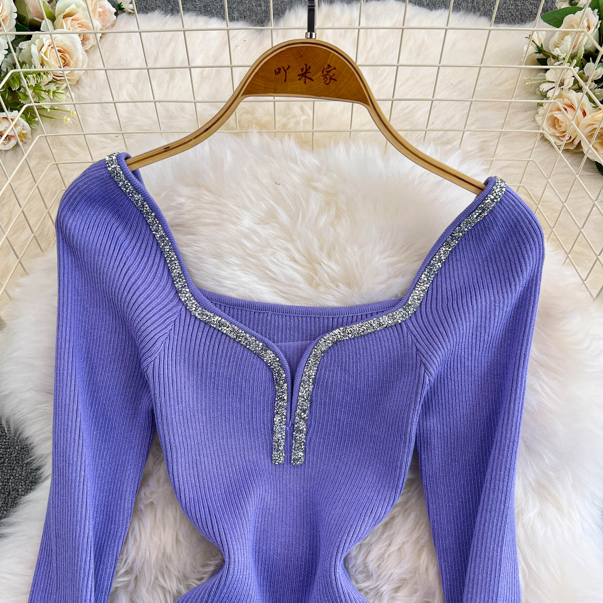 Sequined V-neck Knitted Dress