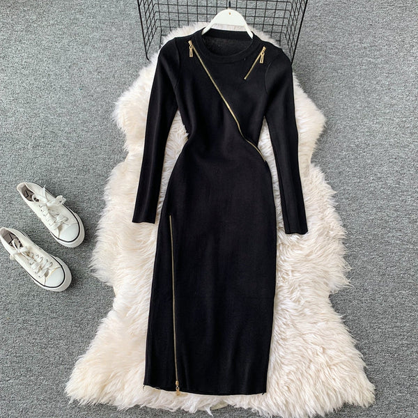 Niche Zipped Patchwork Knitted Dress