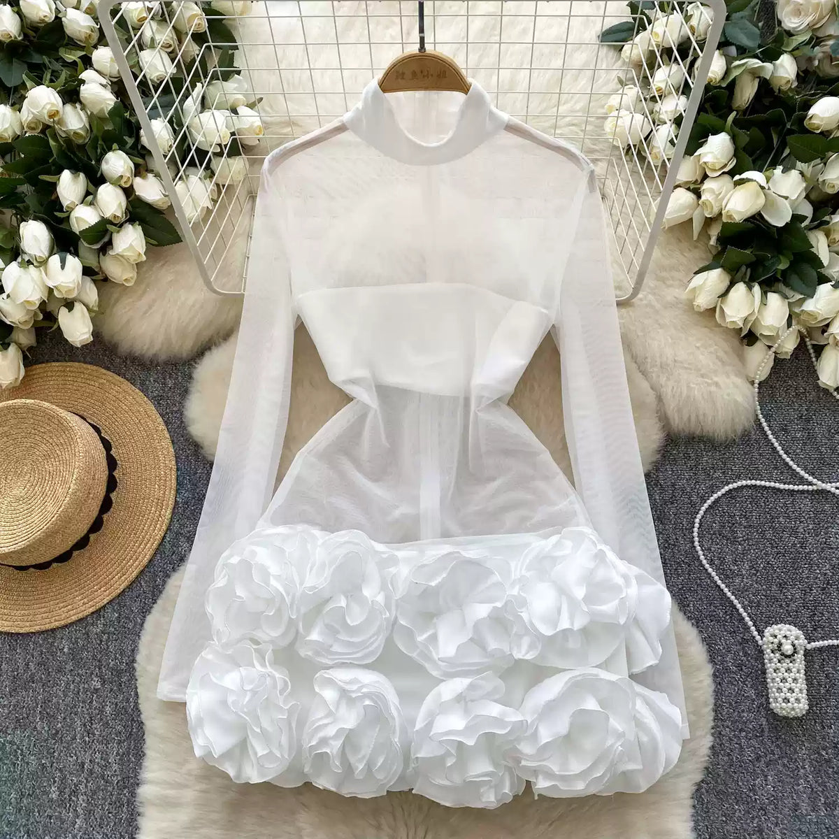 See-through Mesh 3D Ruffled Dress