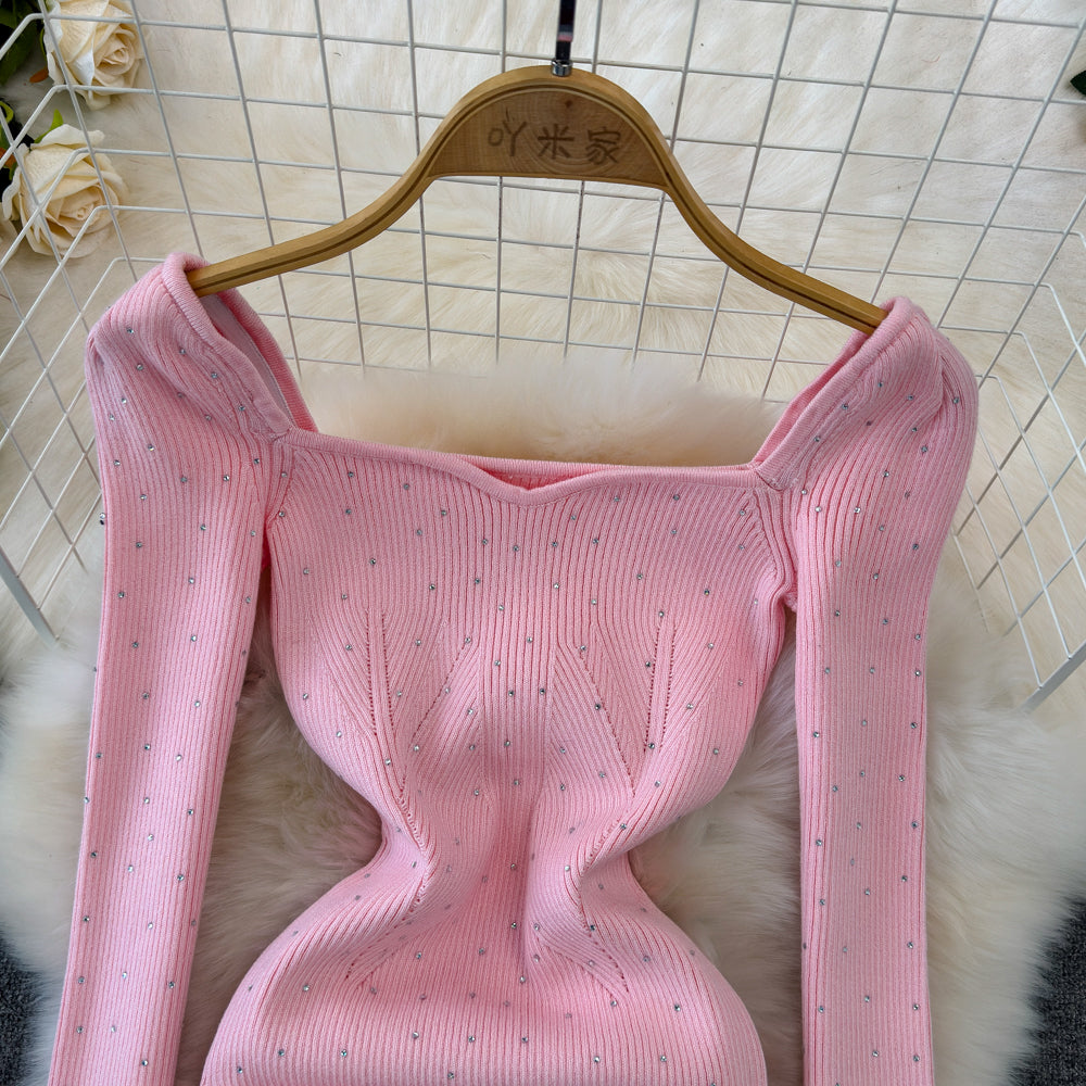 Square Neckline Beaded Knitted Dress