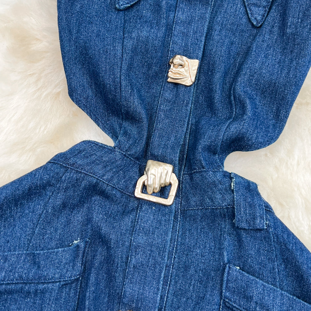 Lapel Sleeveless Split Denim Dress