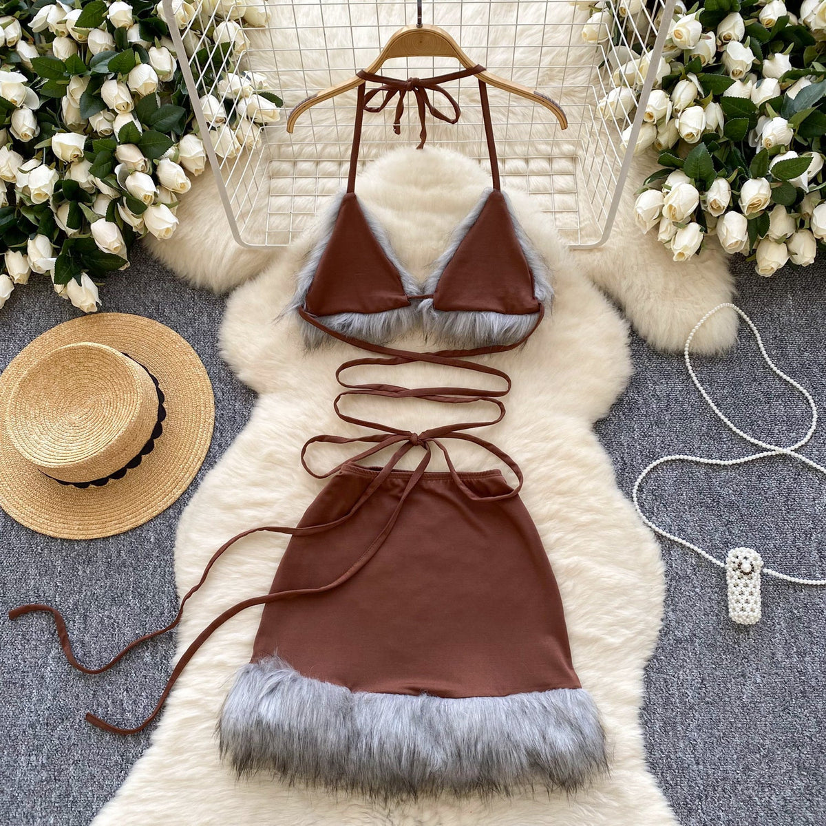 Sexy Furry Patchwork Lace-up Dress