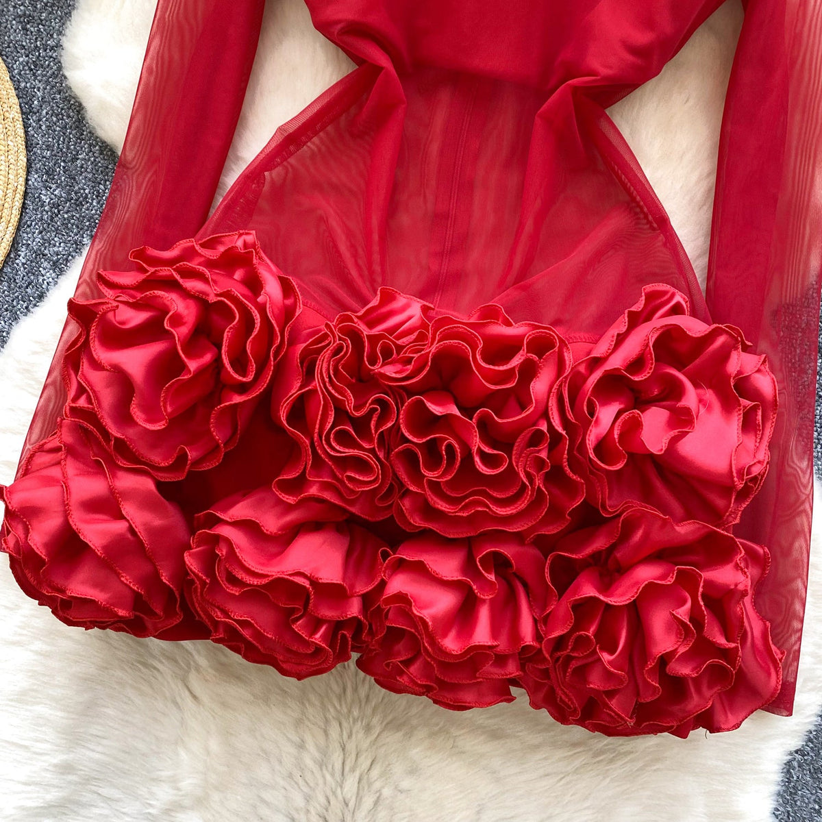 See-through Mesh 3D Ruffled Dress