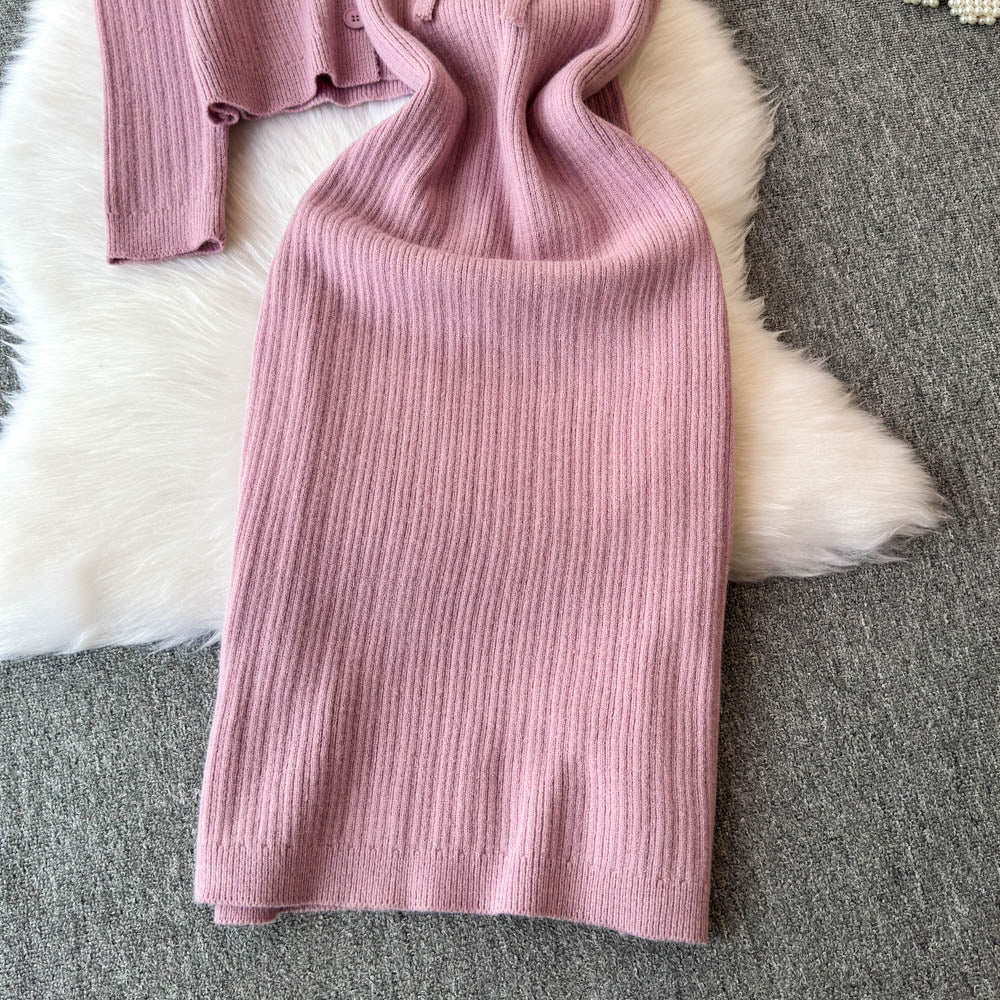 Cardigan&Lace-up Slip Dress Knitted 2Pcs