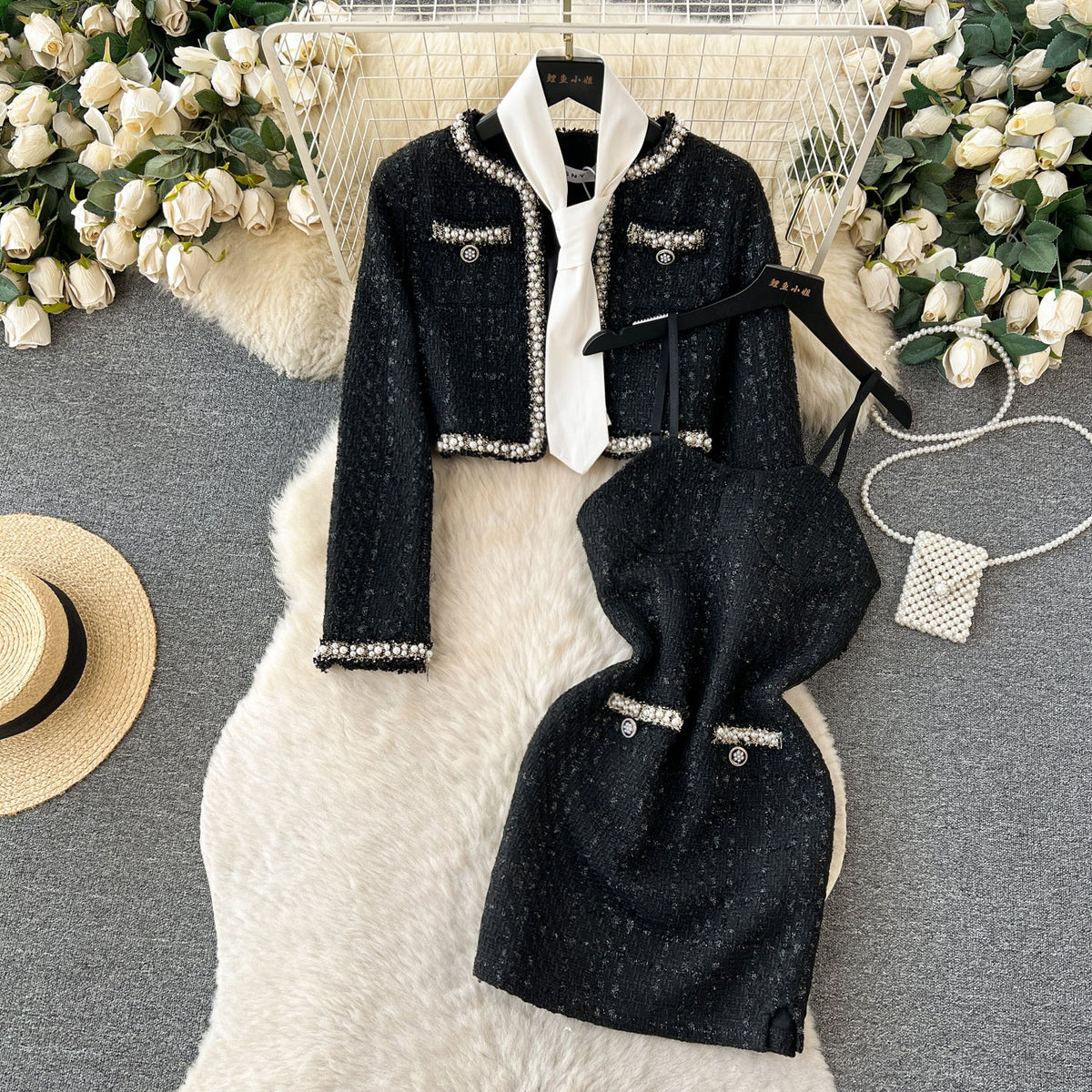 Boncuklu Blazer ve Slip Elbise Tweed 2 Parça
