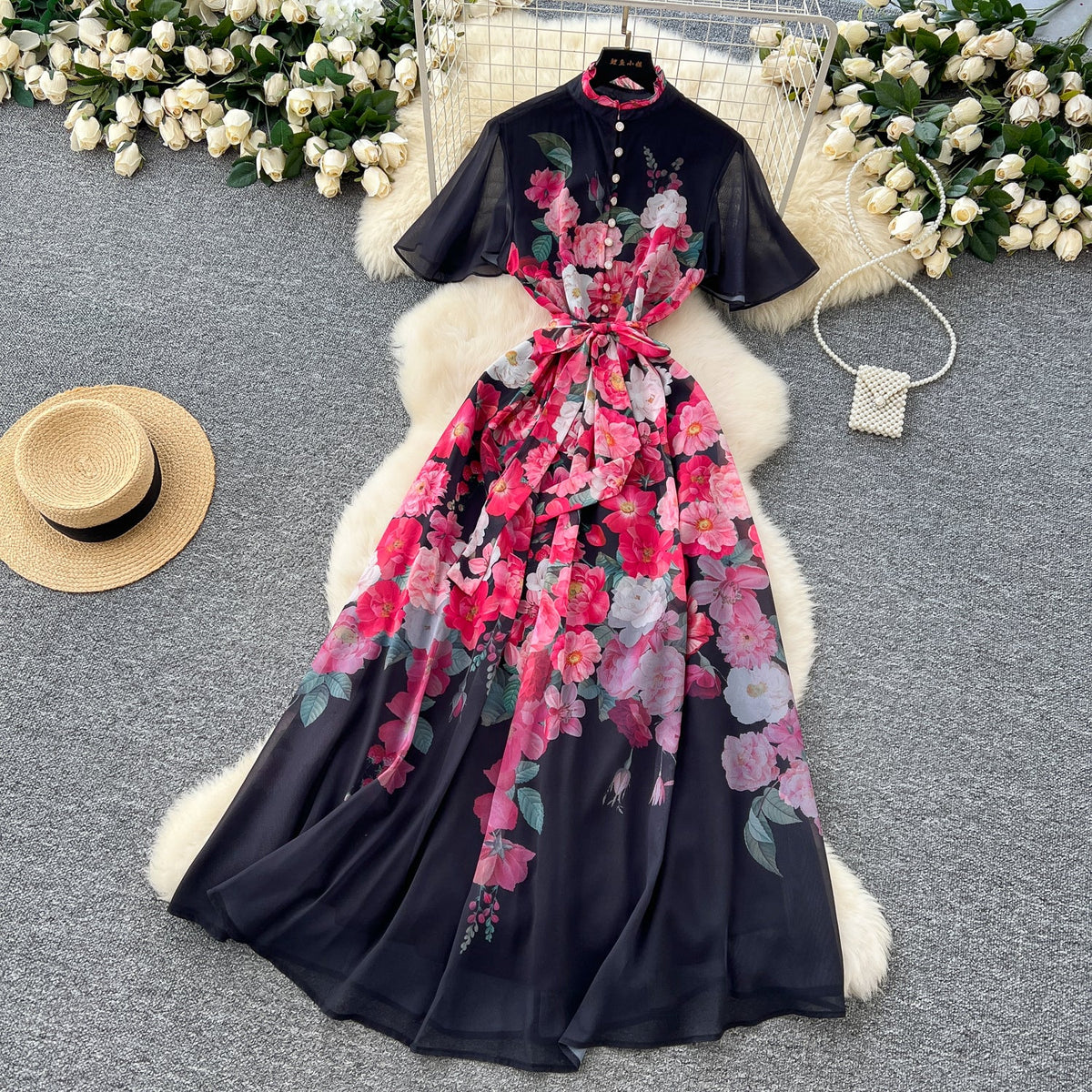 Lace-up Floral Printed Chiffon Dress