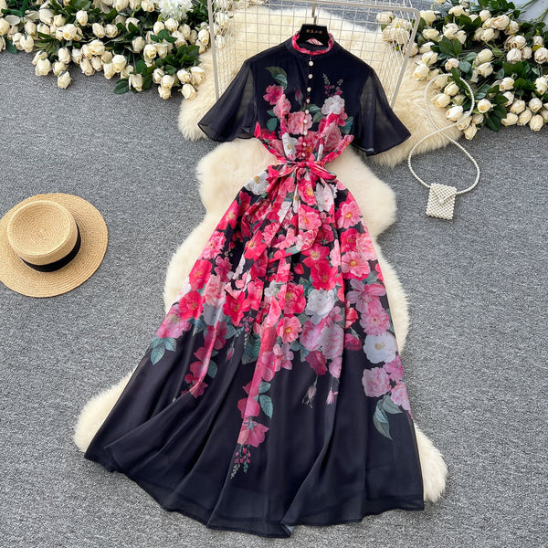 Lace-up Floral Printed Chiffon Dress