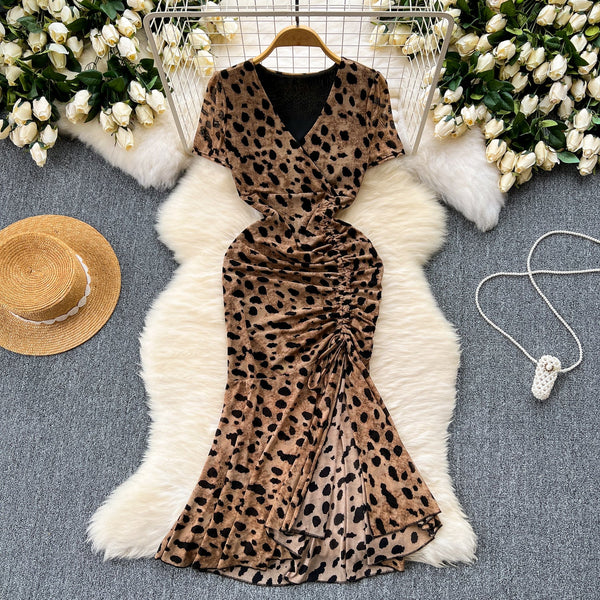 Elegant Printed Drawstring Fishtail Dress