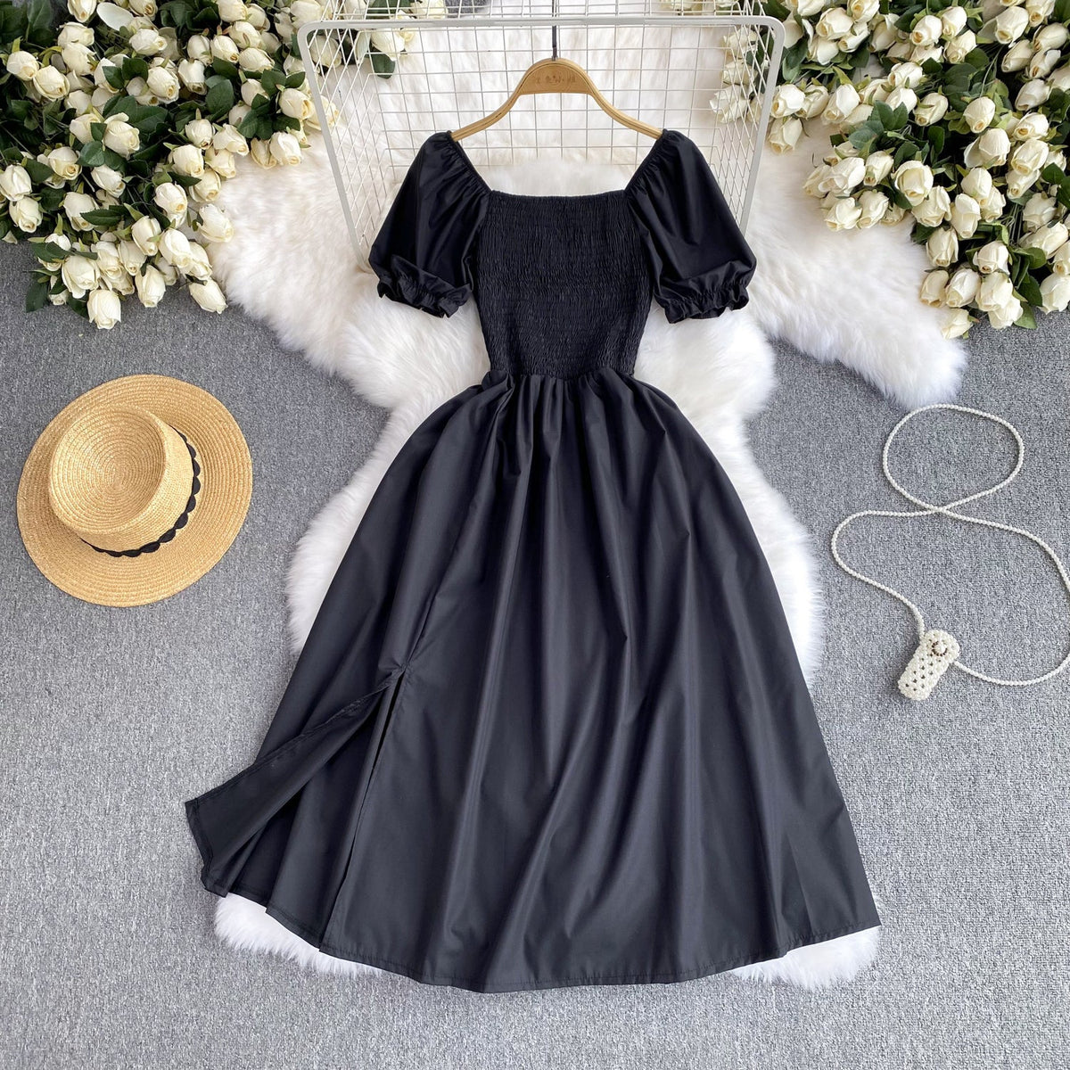 Mori Solid Color Waist-slimming Puffy Dress