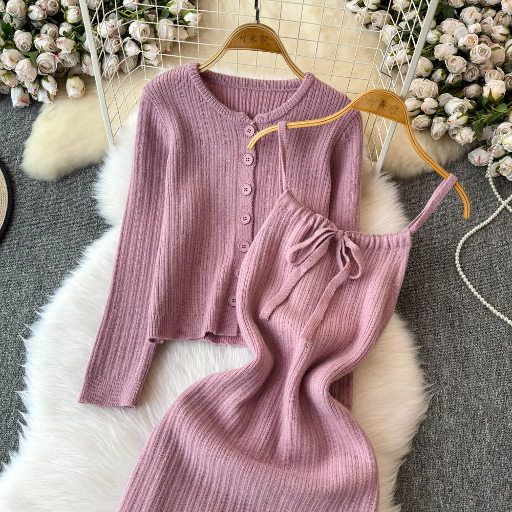 Cardigan&Lace-up Slip Dress Knitted 2Pcs