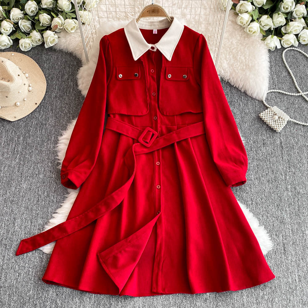 Faux Two-pieces Shirt Dress with Belt