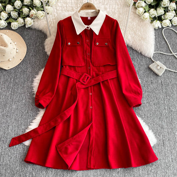 Faux Two-pieces Shirt Dress with Belt