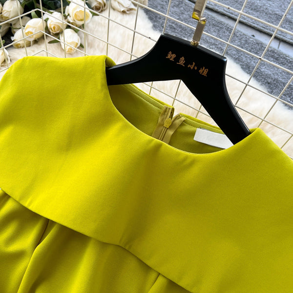 Folded Collar Pleated Mustard Green Dress