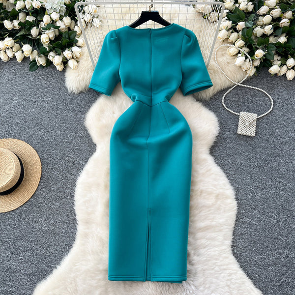 Slant Neckline Puffy Sleeve Dress