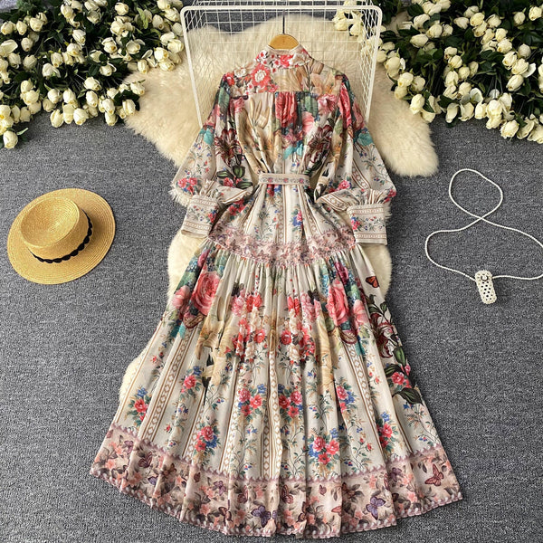 Courtly Lace-up Floral Shirt Dress