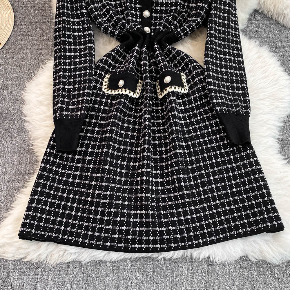 Lapeled Plaid Tweed Knitted Dress