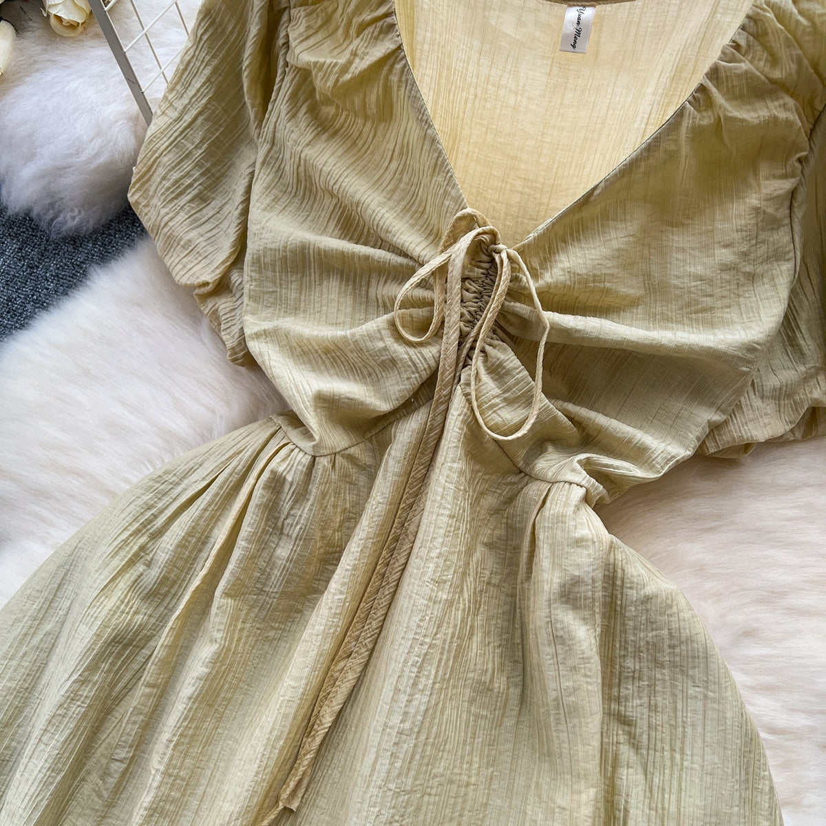 Mori Puffy Sleeve Drawstring Chiffon Dress