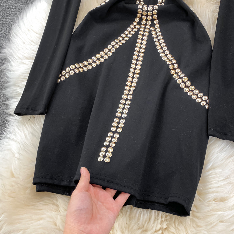 Vintage Rhinestone Studded Elastic Dress