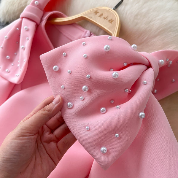 Beaded Bow-tie Ruffled Pink Dress