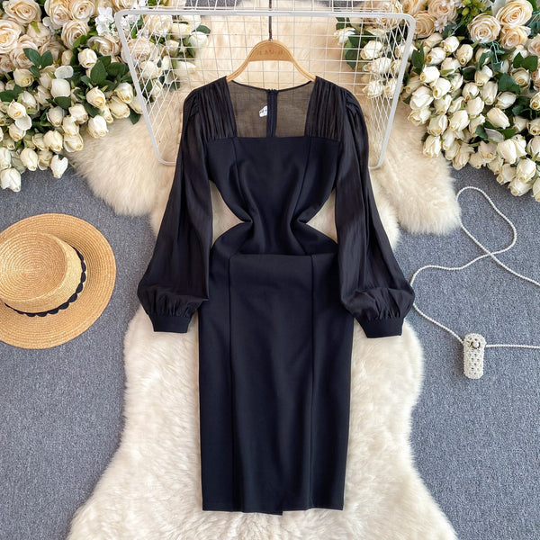 Square Neckline Black Mesh Dress