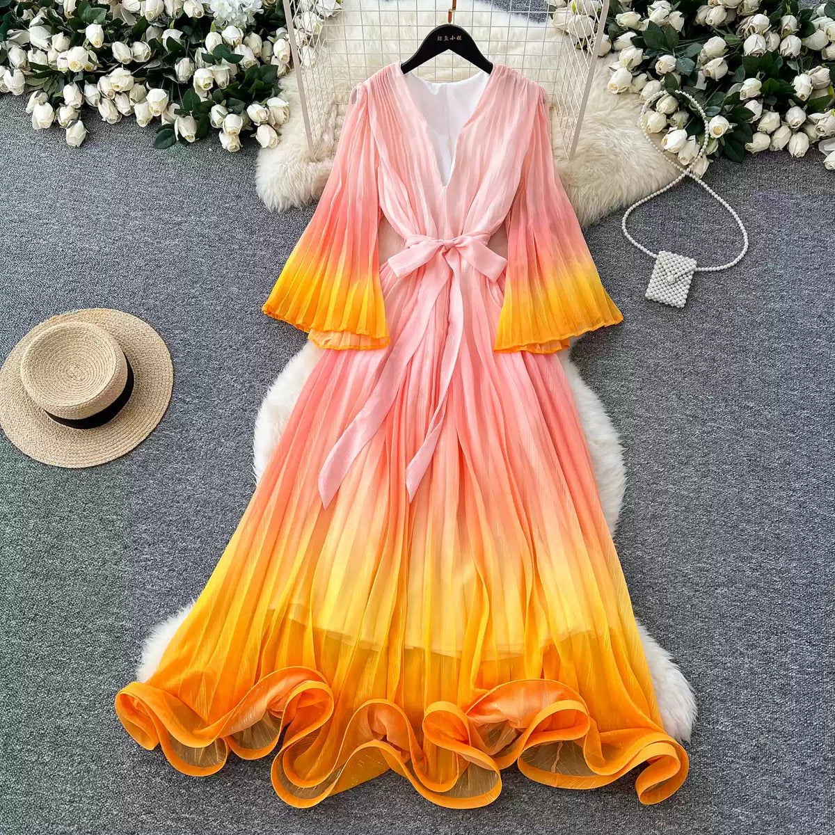 Gradient Color V-neck Fairy Dress