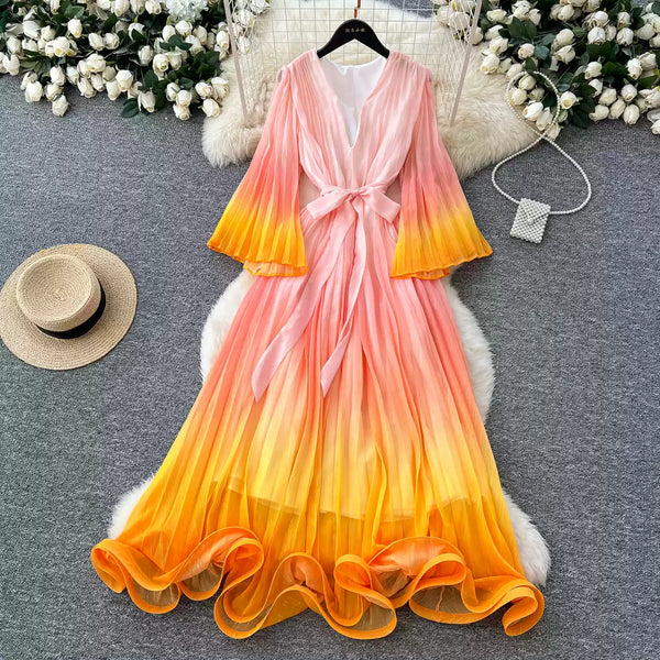 Gradient Color V-neck Fairy Dress