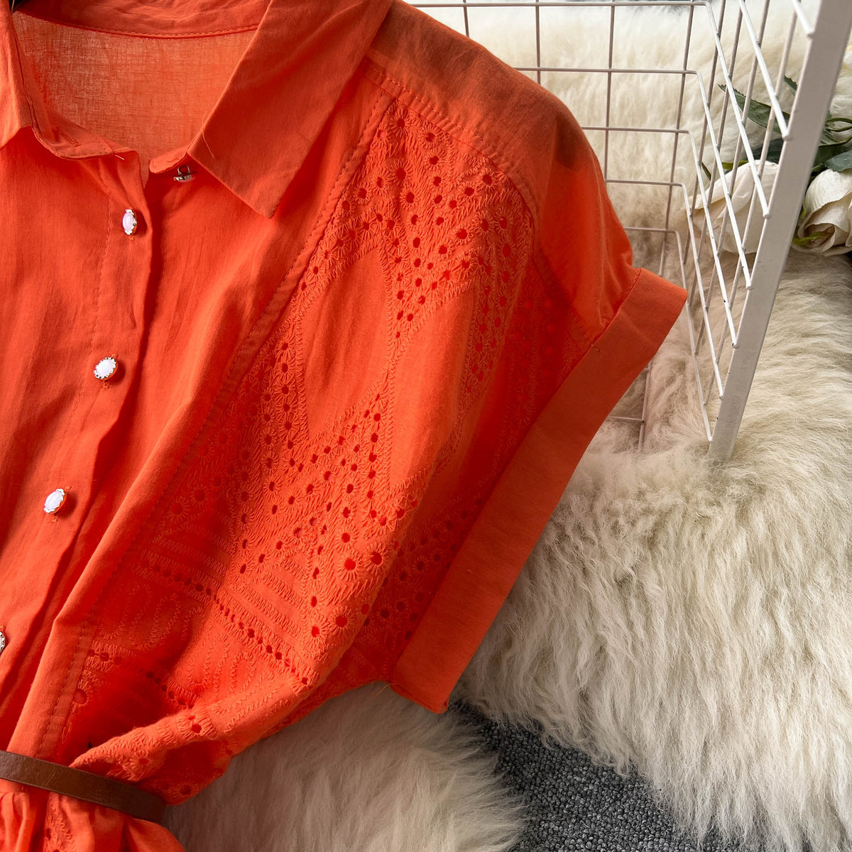 Niche Hollowed Patchwork Shirt Dress