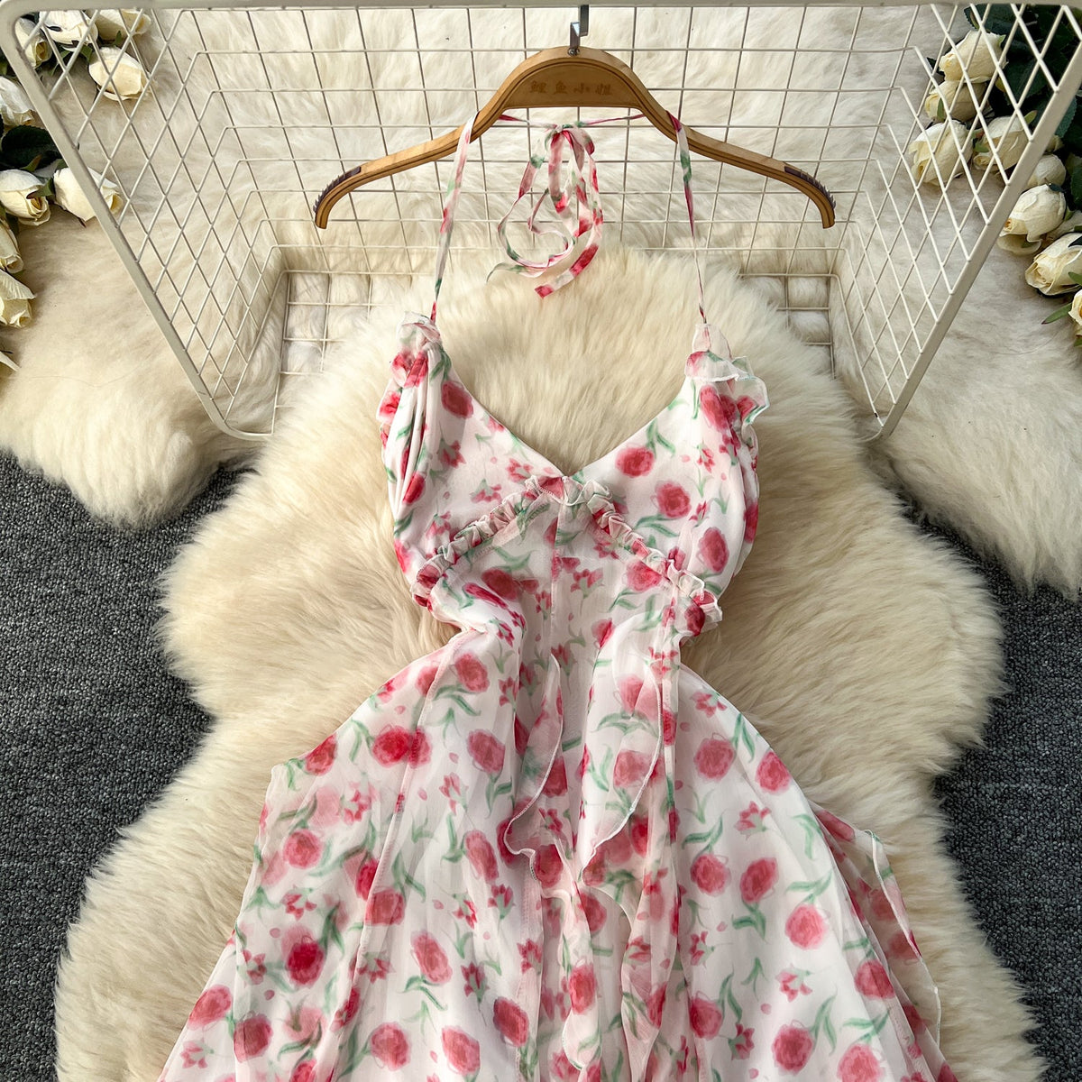 Irregular Design Fairy Floral Halter Dress