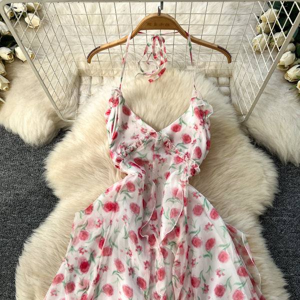 Irregular Design Fairy Floral Halter Dress