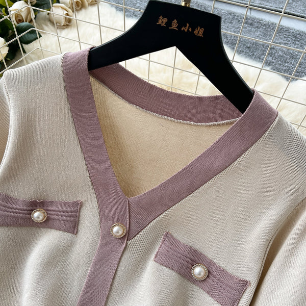 V-neck Pearl Beaded Knitted Dress