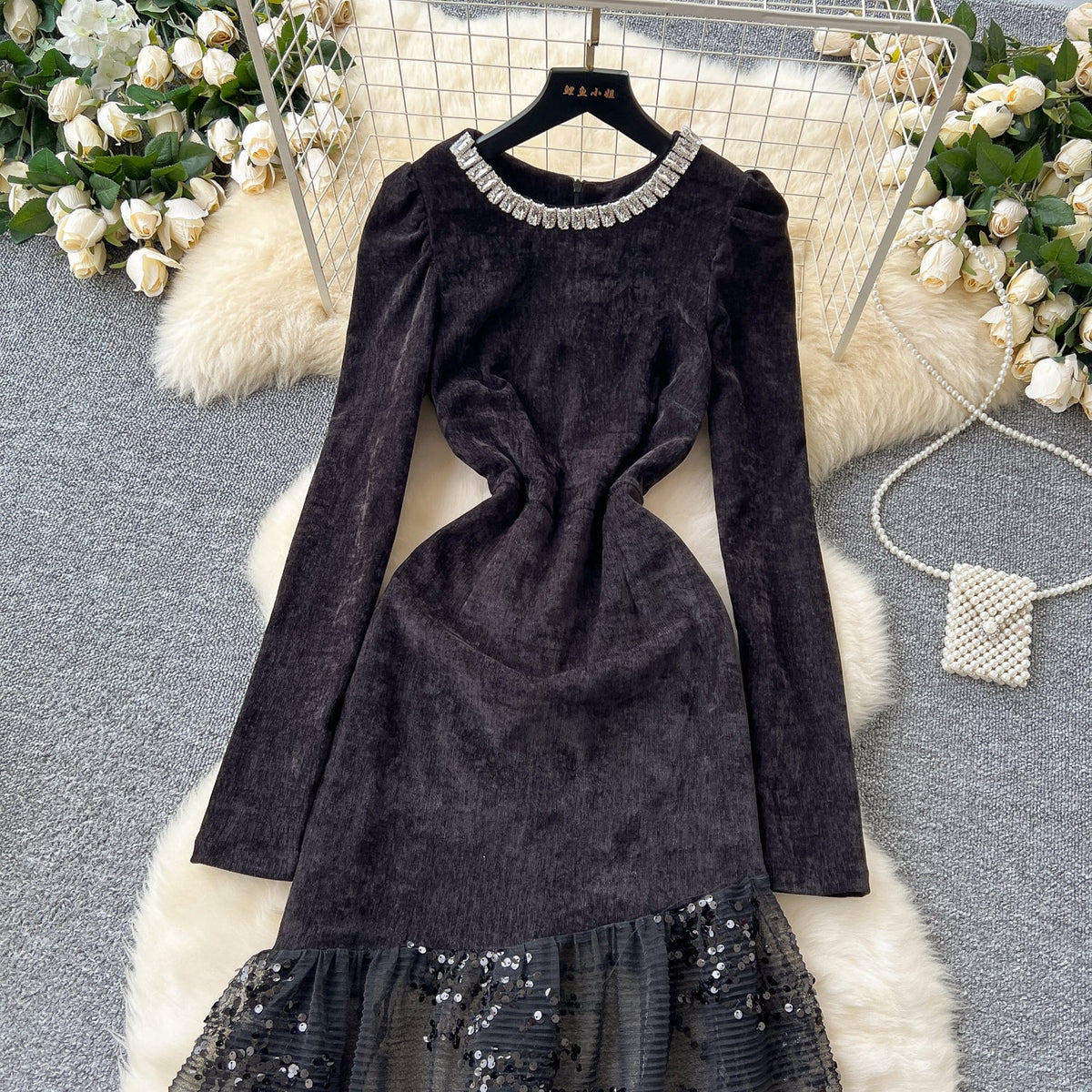 Rhinestone Studded Sequined Mesh Black Dress