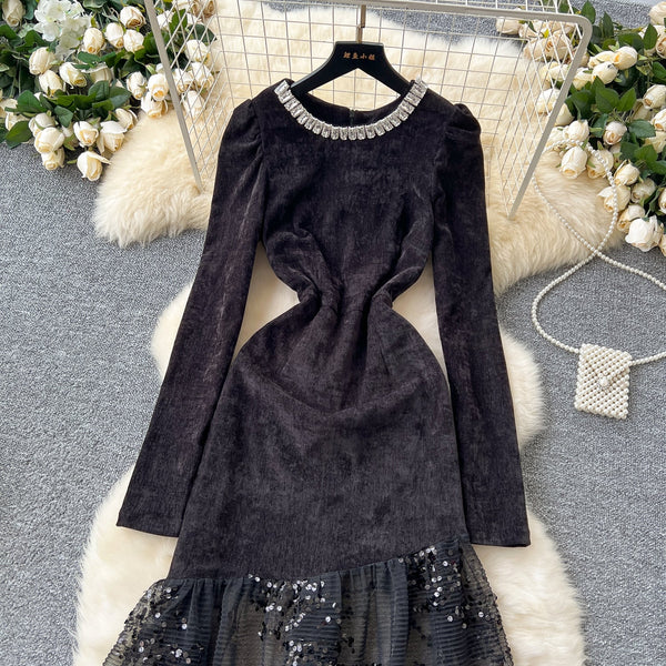 Rhinestone Studded Sequined Mesh Black Dress